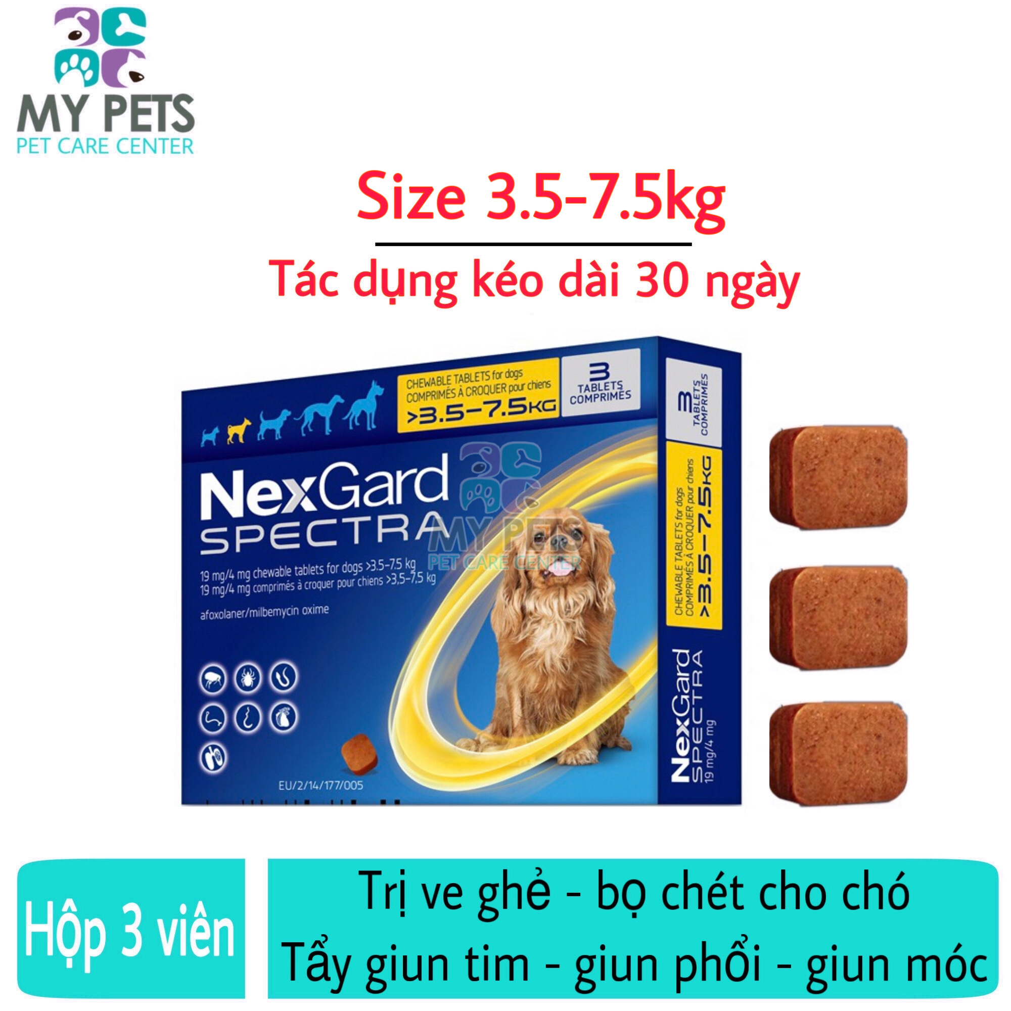 NEXGARD SPECTRA Thuốc trị ve ghẻ bọ chét demodex tẩy giun cho chó - Hộp 3 viên (size 3,5-7,5kg)
