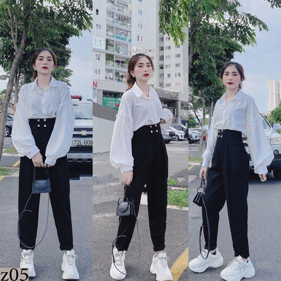 Set áo sơ mi trắng bèo tay và quần dài