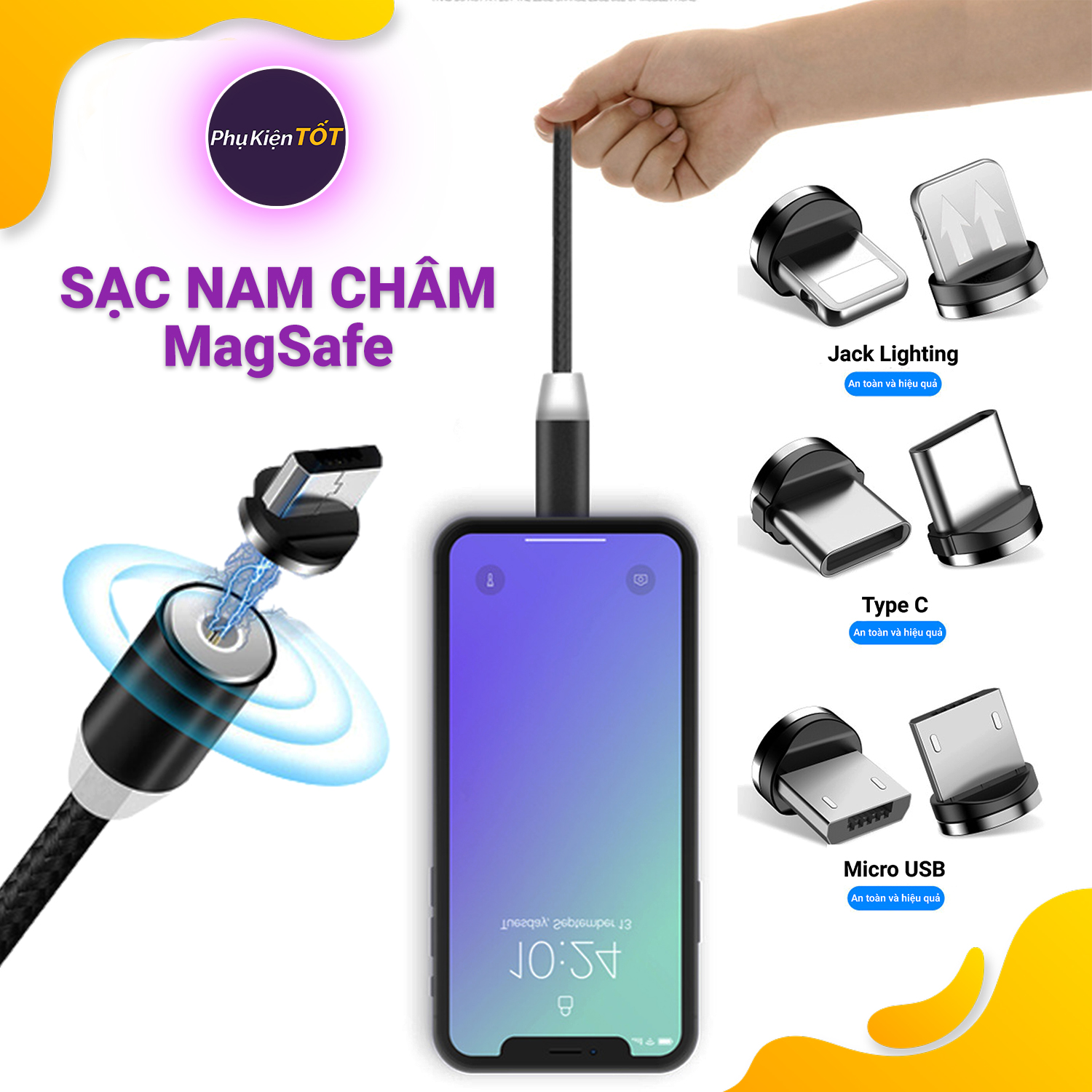 [HCM][Full Bộ] Cáp Sạc Nam Châm Từ Tính 3 trong 1 Dành Cho  Iphone Android Micro USB Type C Xoay 360 Độ