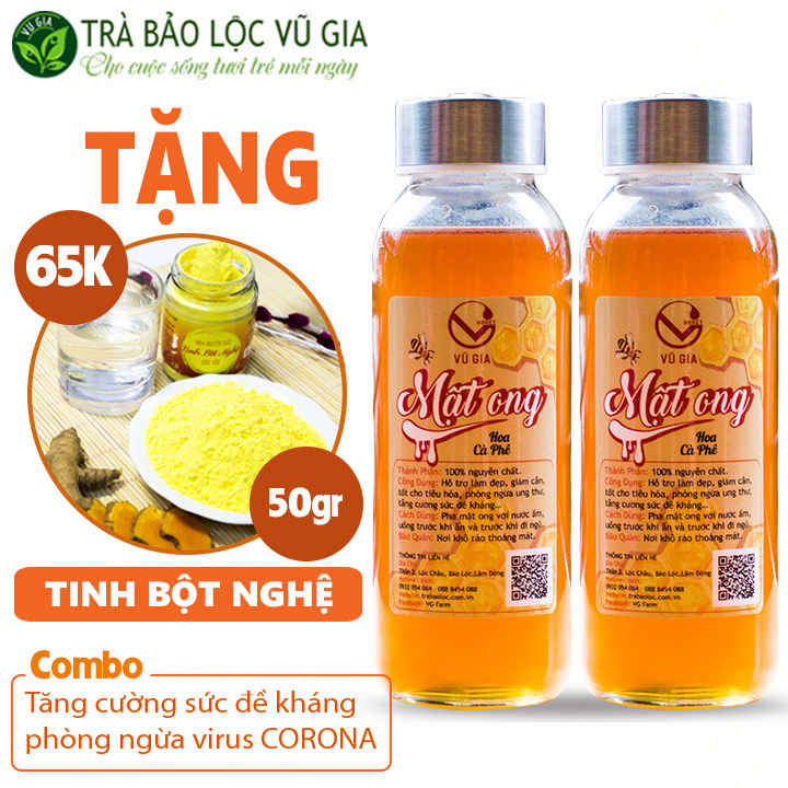 Combo 2 Mật Ong Hoa Cà Phê Nguyên Chất Bảo Lộc Vũ Gia (420gr/hũ)  - Tặng Tinh Bột Nghệ Nguyên Chất (50g/túi) - Hỗ trợ tiêu hóa, đắp mặt nạ dưỡng da, tăng cường sức đề kháng - [Đã được kiểm nghiệm y tế]
