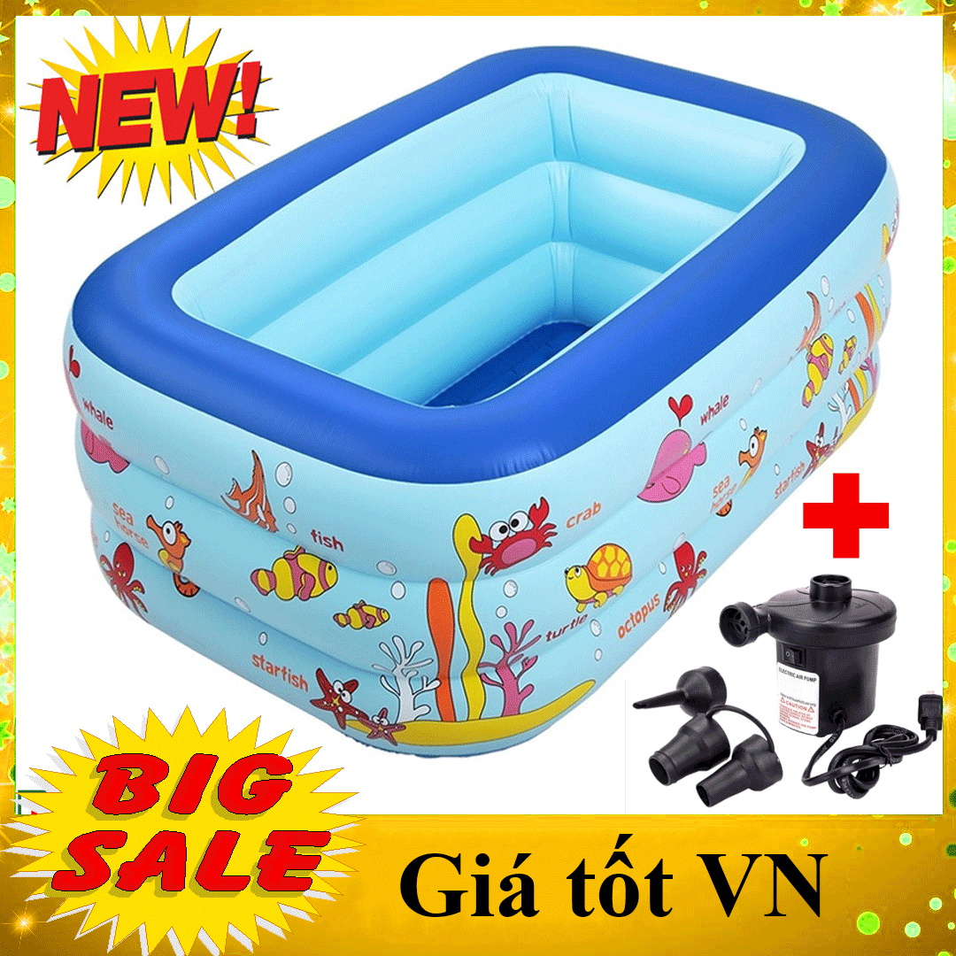 [KÈM BƠM ĐIỆN XỊN] Bể bơi phao 3 tầng cho bé, bể tắm bơm hơi hình chữ nhật dài 130cm cho trẻ em vui chơi