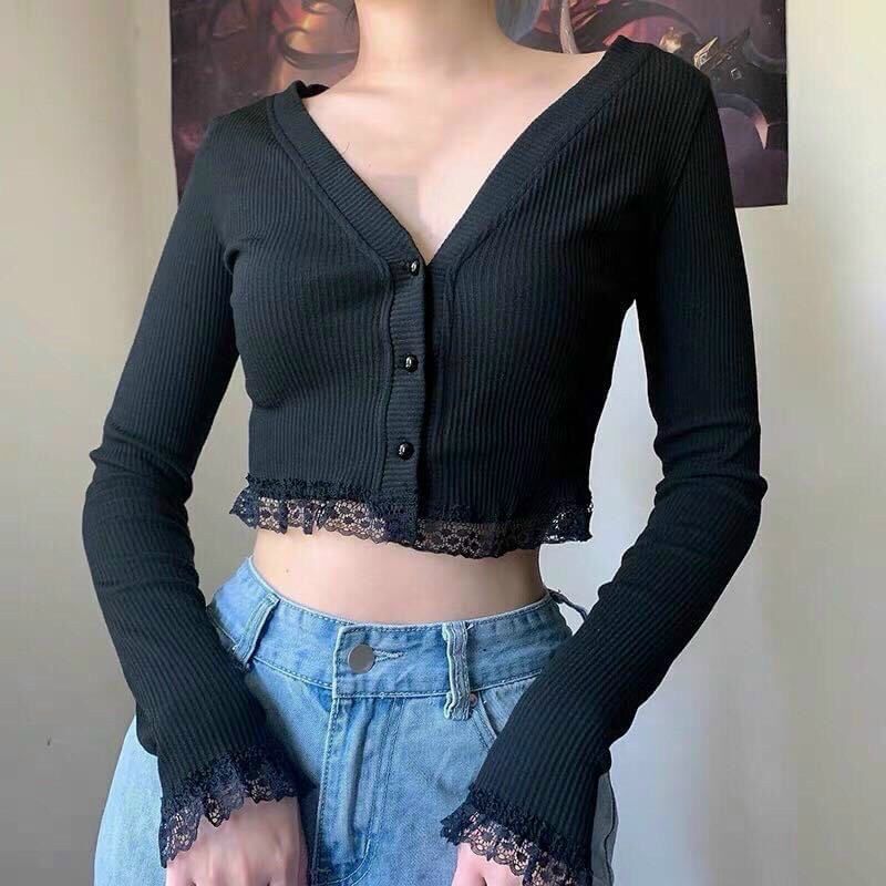 ÁO CROPTOP NỮ DÀI TAY NÚT PHỐI REN SIÊU XINH XẮN DỄ THƯƠNG