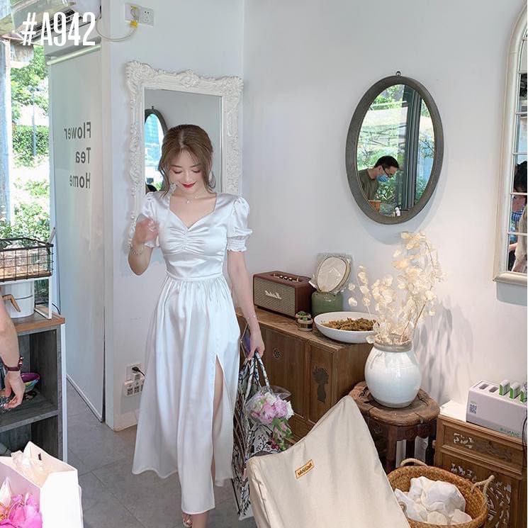[Ảnh thật] Đầm trắng nhún ngực tay phồng xẻ tà cột nơ eo