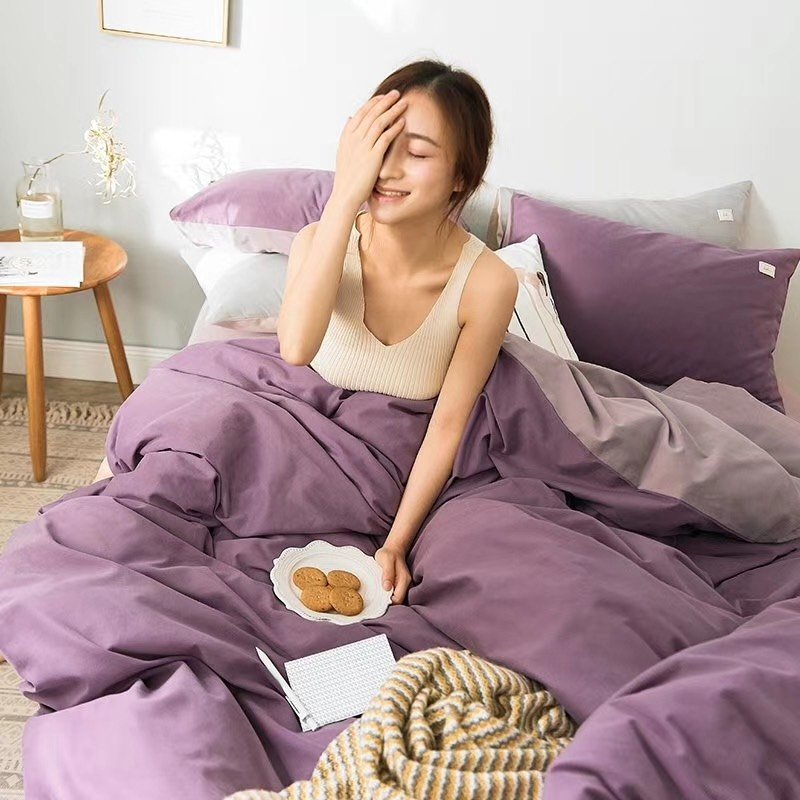 Bộ Chăn Ga Gối Cotton Tici (4 Món) màu tím phối ghi