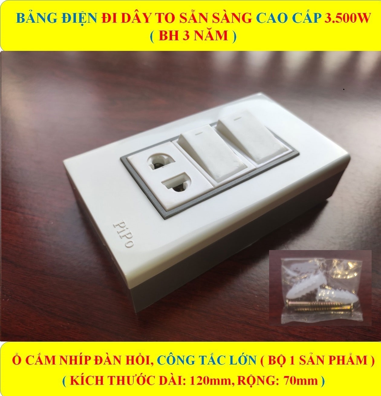 Bảng điện lắp nổi gắn tường cao cấp + bh 3 năm + 2 công tắc + 1 ổ cắm nhíp chống giãn + đi dây sẵn sàng đầy đủ + bộ ốc vít lắp đặt