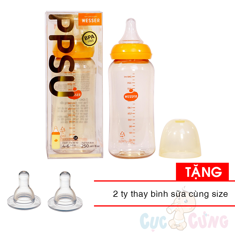 Bình sữa Wesser cổ nhỏ nhựa PPSU 250ml (phiên bản mới) Tặng 2 ty binh sua cùng size