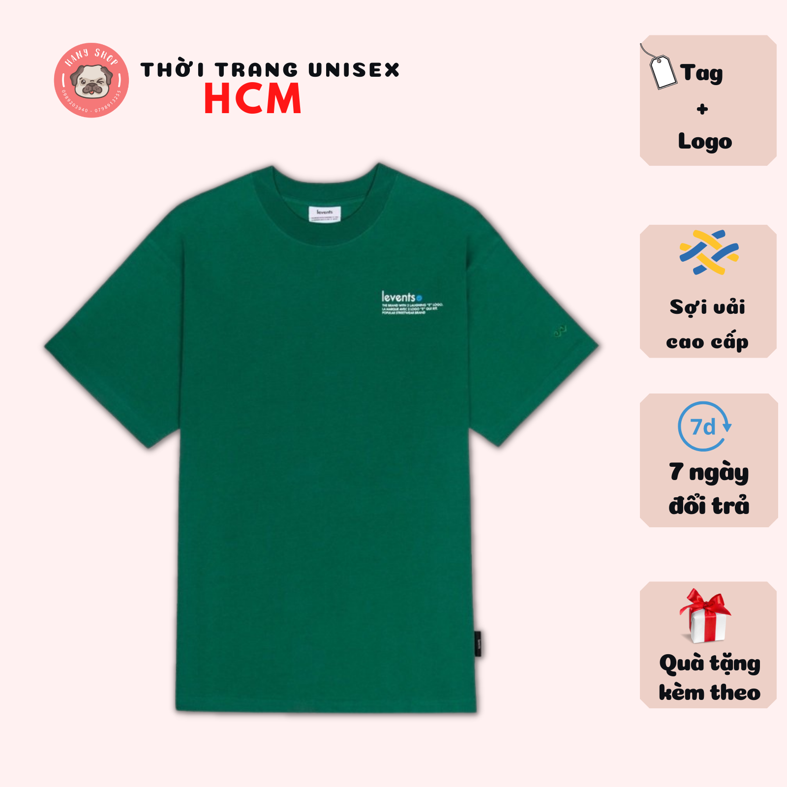 Áo thun Levents Popular Logo 2.0 màu xanh lá tay lỡ form rộng 40kg đến 90kg vải cotton dày mịn full tag Hany Fashion AL202