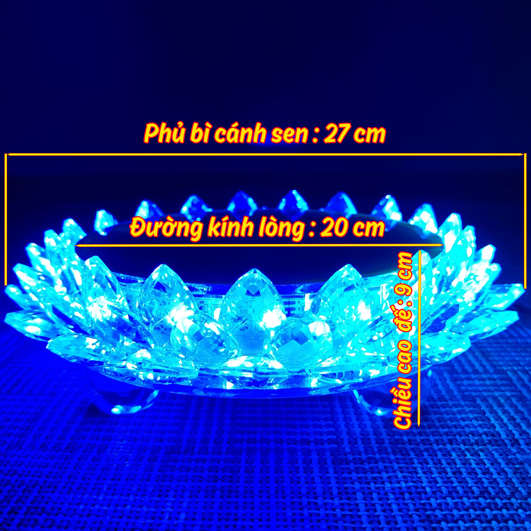 Đài sen pha lê tròn trang trí tượng quan âm cùng phật di lặc, có đèn led đổi màu kèm điều khiển từ xa