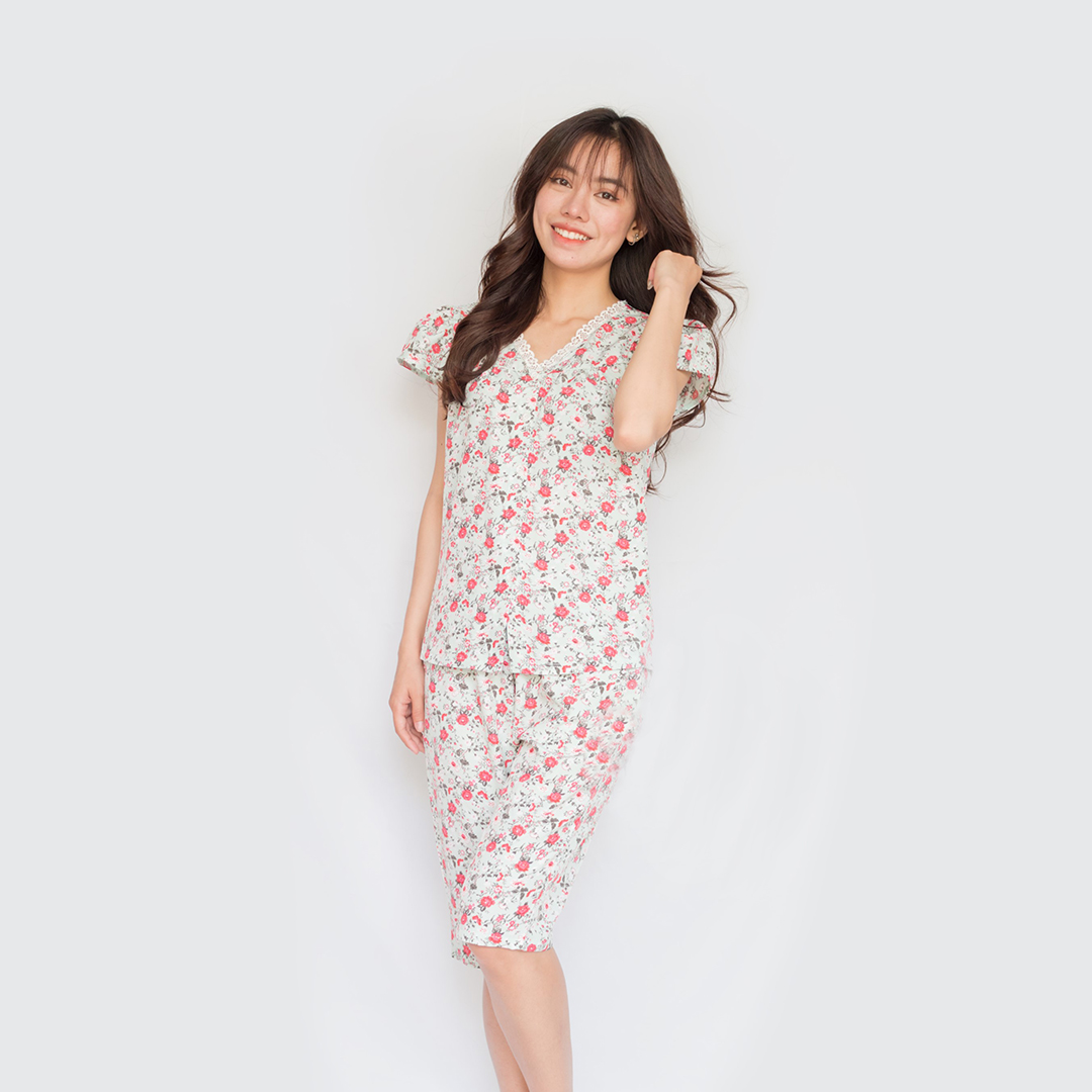 Đồ ngủ nữ lụa lửng cộc tay ren cổ hoa nhí siêu dễ thương
