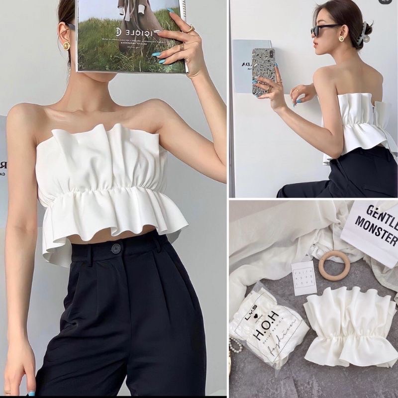 Áo ống kiểu bèo nhún eo (có mút ngực) , áo croptop nữ