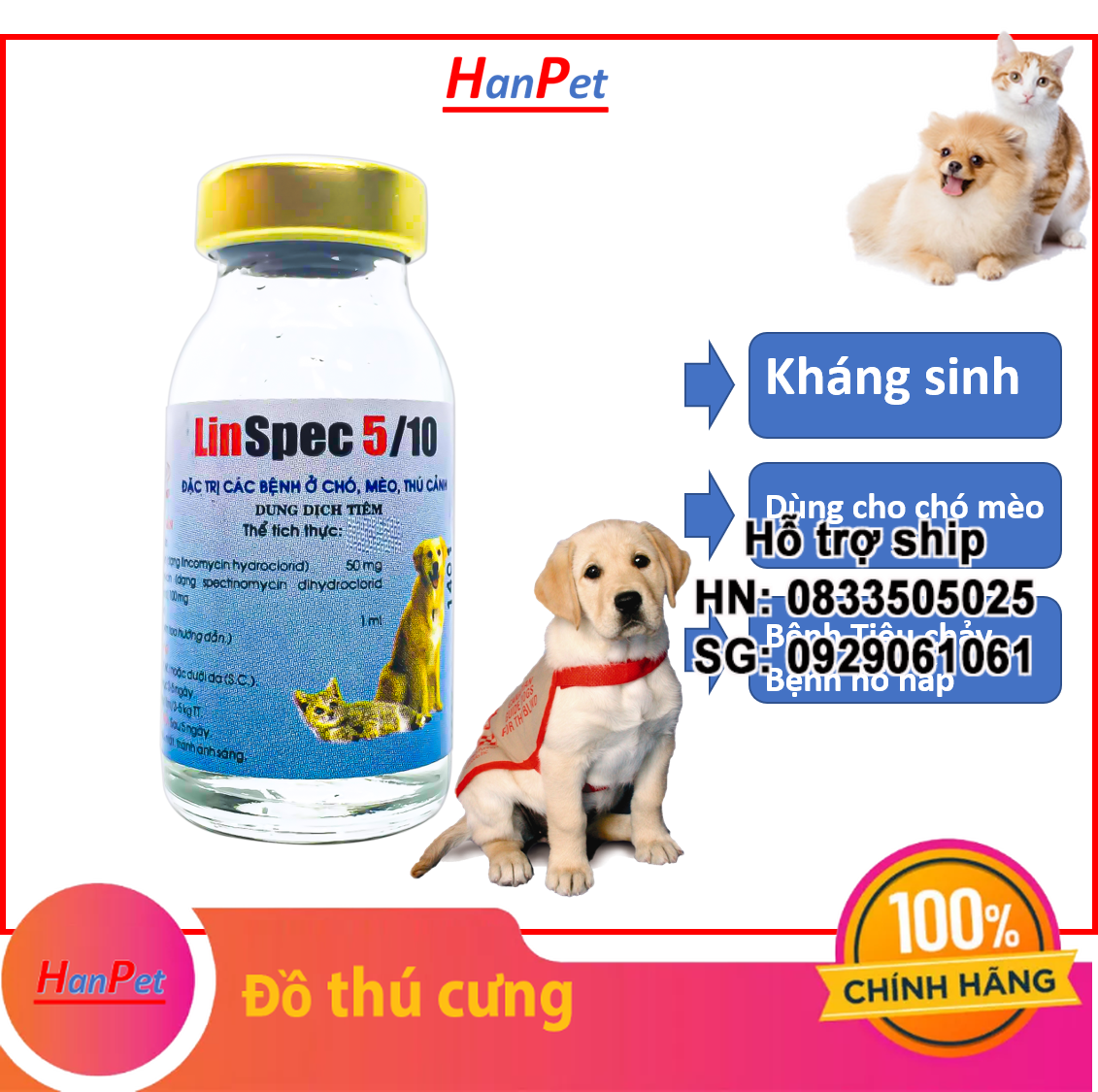 Hanpet - (Combo 10 lọ mỗi lọ 5ml) Th uốc chích kiết lỵ chó mèo, chó nôn mửa bỏ ăn trên chó kháng sinh chó dạng tiêm