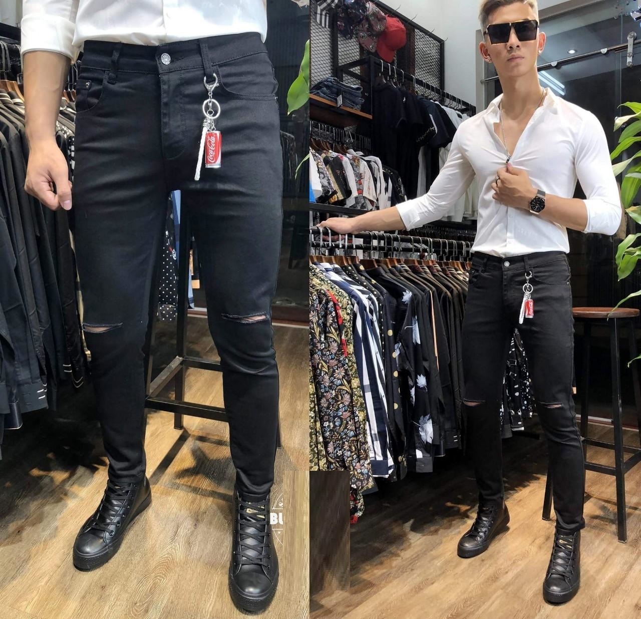 QUẦN JEAN NAM RÁCH GỐI V22 MÀU ĐEN