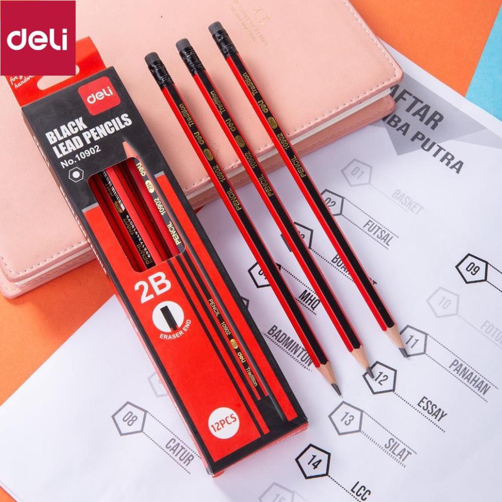 (Hộp 12 Cây) Bút chì lục giác 2B Deli 10902 Có Gôm