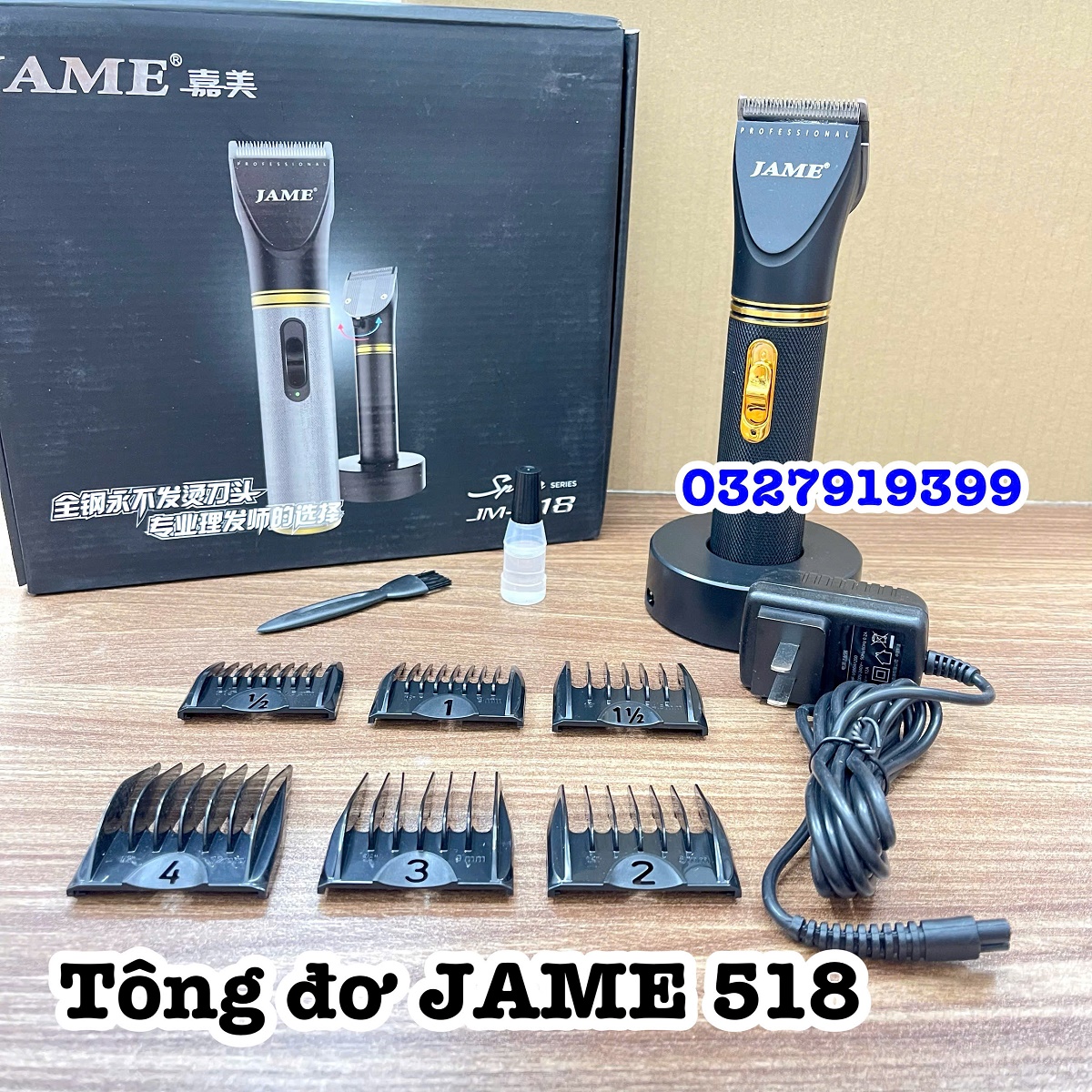 JAME Tông đơ cắt tóc chuyên nghiệp 518 màu đen pin Lithium Ion 2200mAh cốc sạc 360 độ tăng tốc độ turbo êm ái bền bỉ cho salon và tại nhà