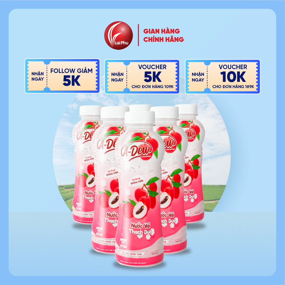 Nước Vải Thạch Dừa A-Dew Chai 450ml - Lốc 6 Chai