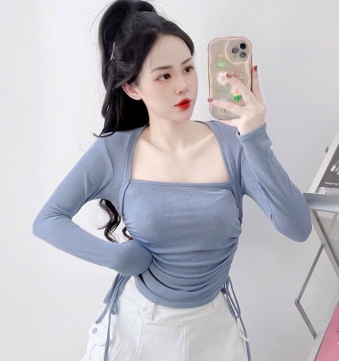 [KÈM ẢNH THẬT] Áo thun gân LEN cổ V đắp chéo ôm body tay ngắn form đẹp, Áo kiểu cổ vuông tay dài  vải nhũ 1 dây chéo ngực vạt bầu rút dây 2 bên cực hot , chất thun gân dày dặn