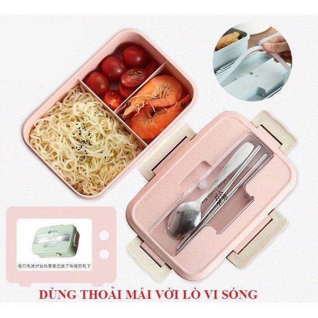 HỘP CƠM LÚA MẠCH 3 NGĂN 1 TẦNG TẶNG KÈM THÌA, DĨA, ĐŨA