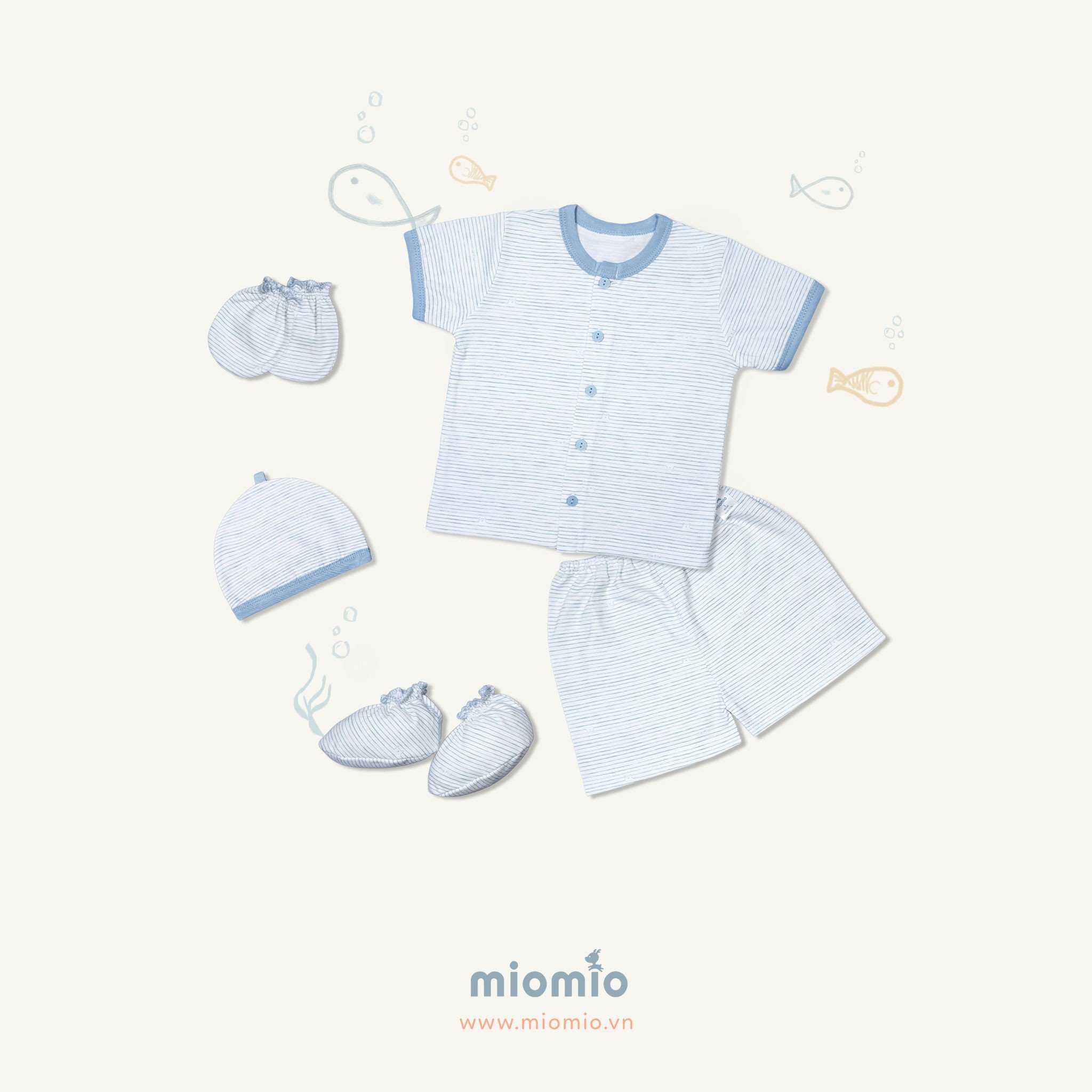 Set 5 món đồ cộc sơ sinh miomio, hoạ tiết: thỏ, sọc, mèo, mèo mây, xe nôi cho bé trai, bé gái , vải cotton