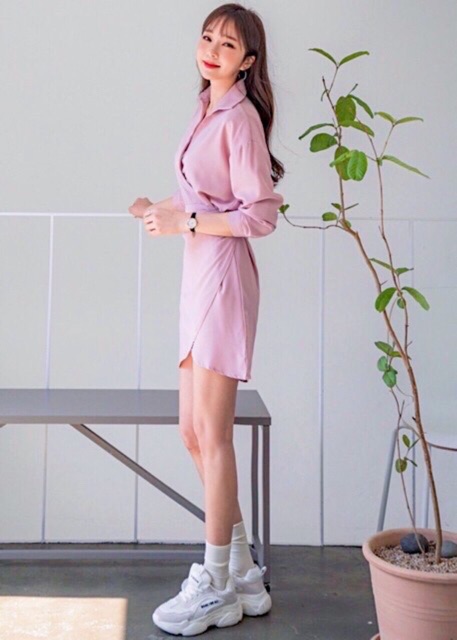 Đầm sơ mi hồng đắp tà v2 (kèm hình thật)