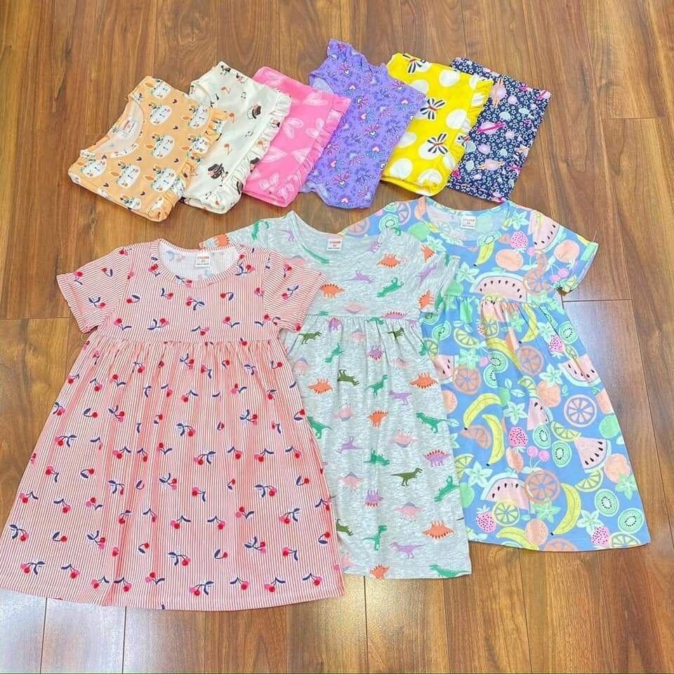 Set 5 váy đầm cộc tay cotton xuất xịn nhiều họa tiết dễ thương mềm mát mùa hè cho bé gái