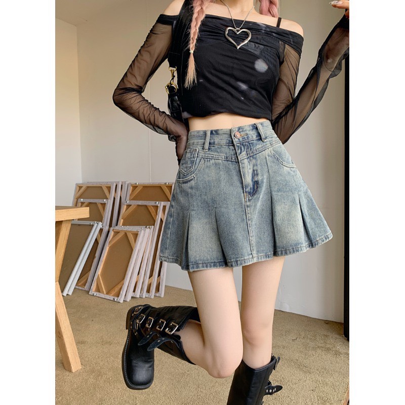 Chân váy jeans xếp ly dáng chữ A - 247StoreFashion