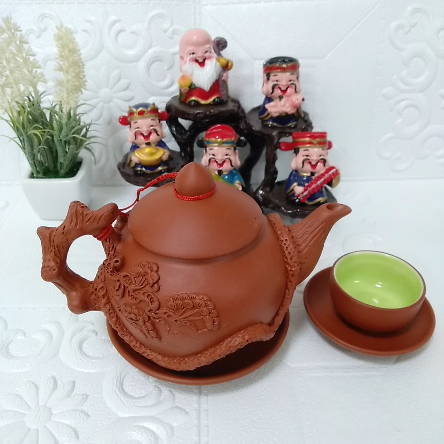 Bộ ấm chén đất nung Bát Tràng cây tùng 400ml màu đỏ