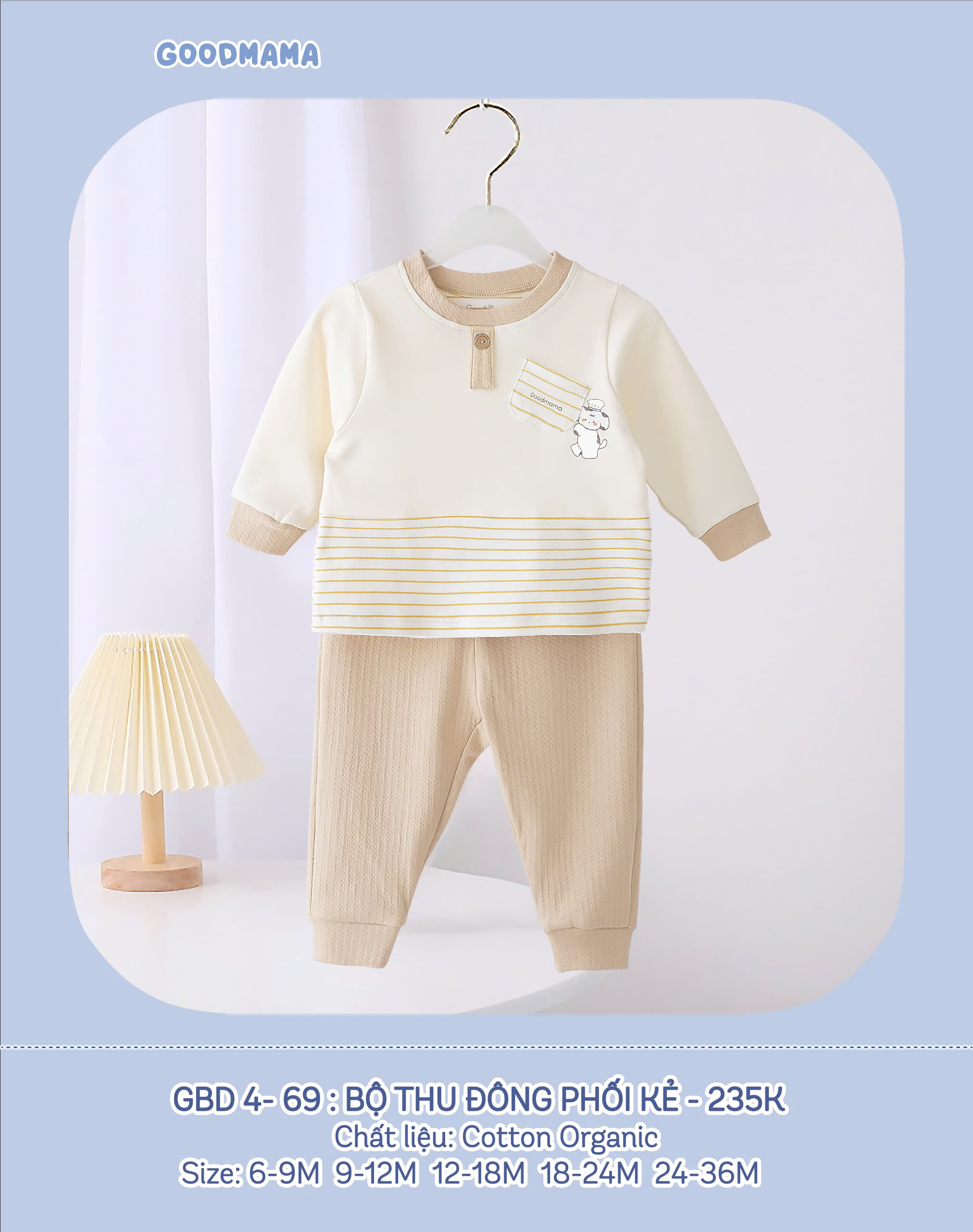 Bộ quần áo dài tay thu đông phối kẻ họa tiết trẻ em GBD 4-69 họa tiết trẻ em Good Mama