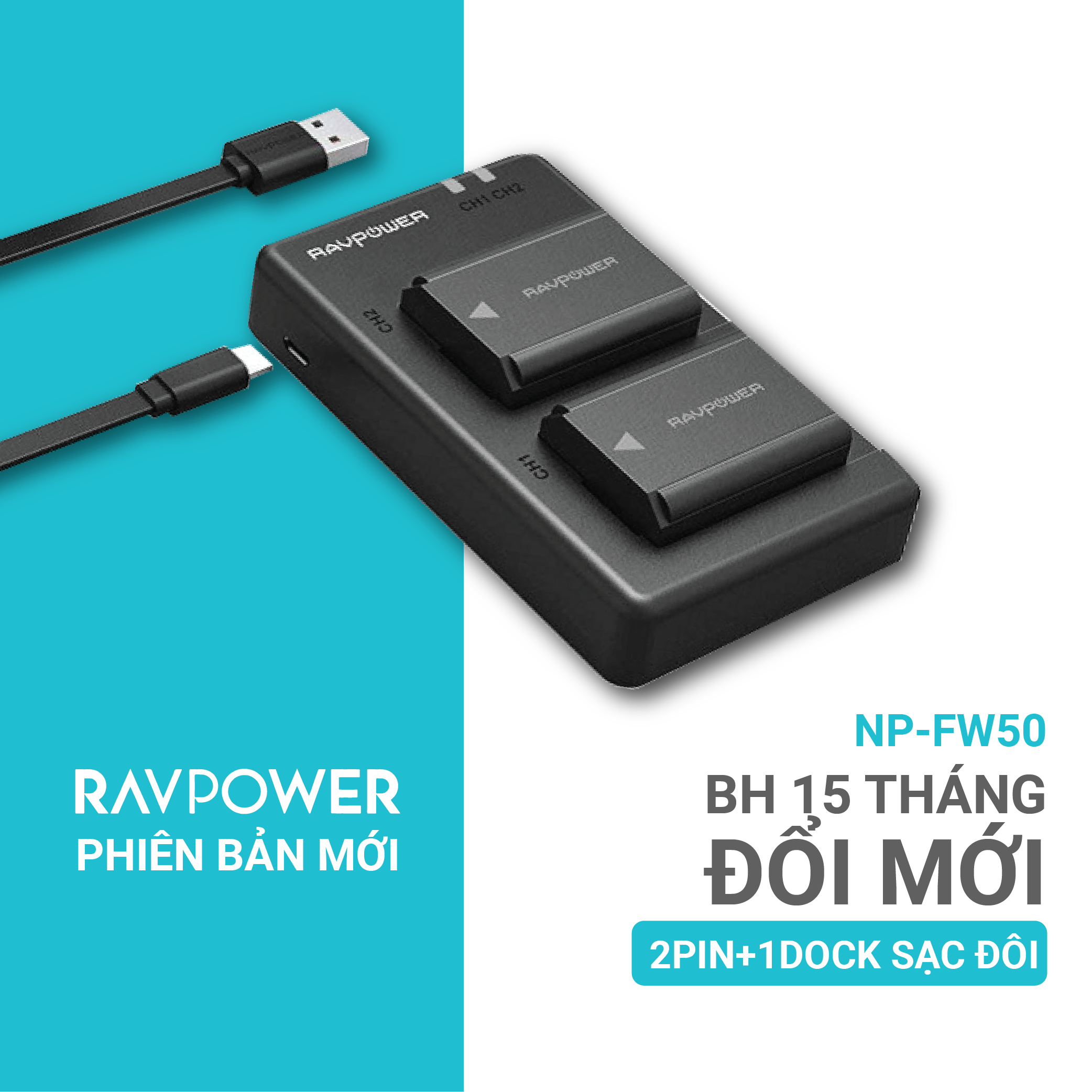 Bộ 2 pin+sạc sony fw50 - ravpower cho máy ảnh
