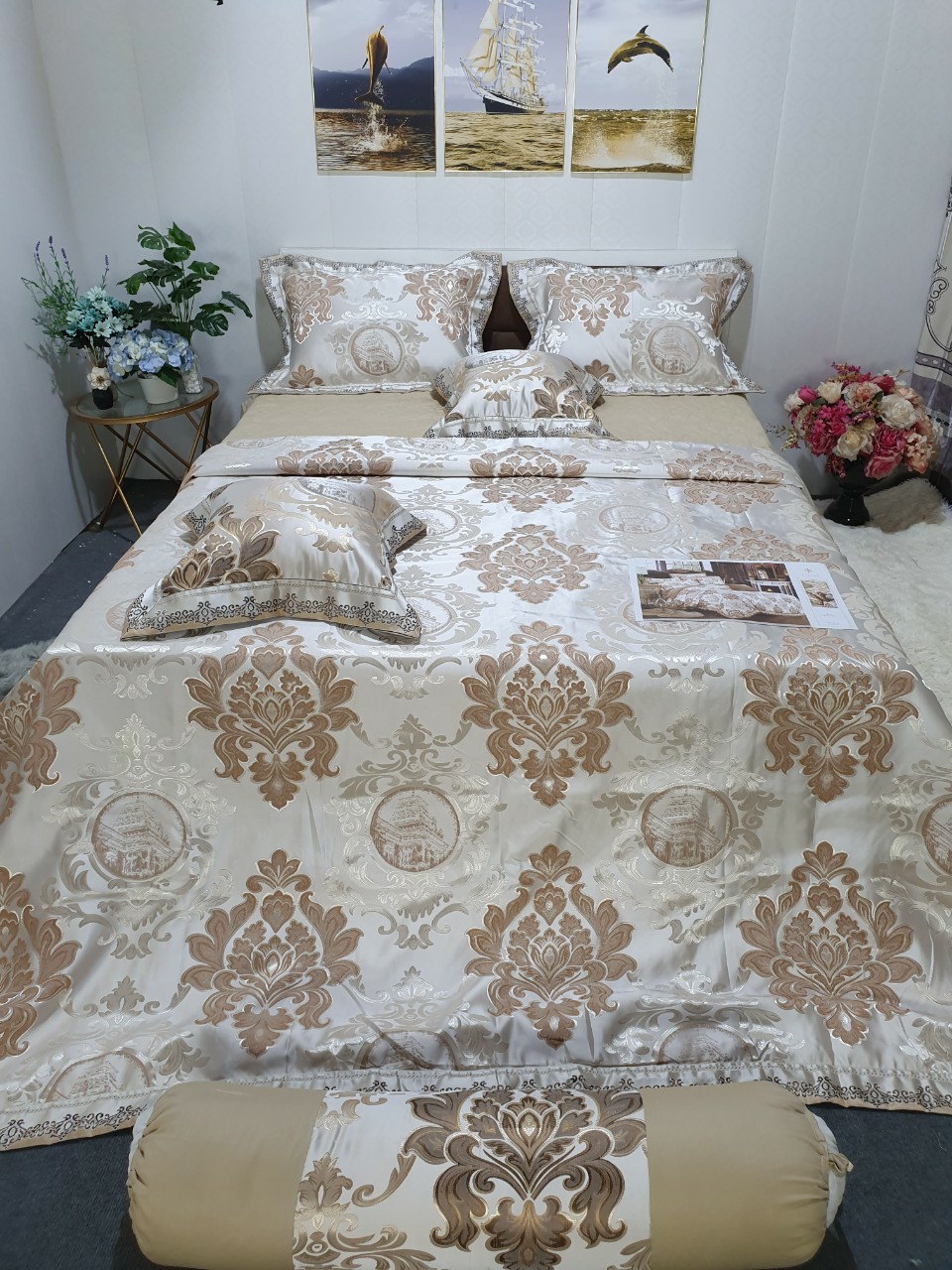 Bộ chăn ga gối 5 món gấm lụa hoàng gia cao cấp