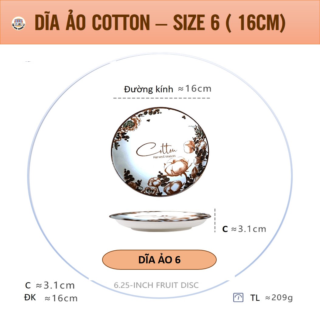 Ceramic Round Plate with Cotton Flower Pattern - Diameter 15cm (Size 6)