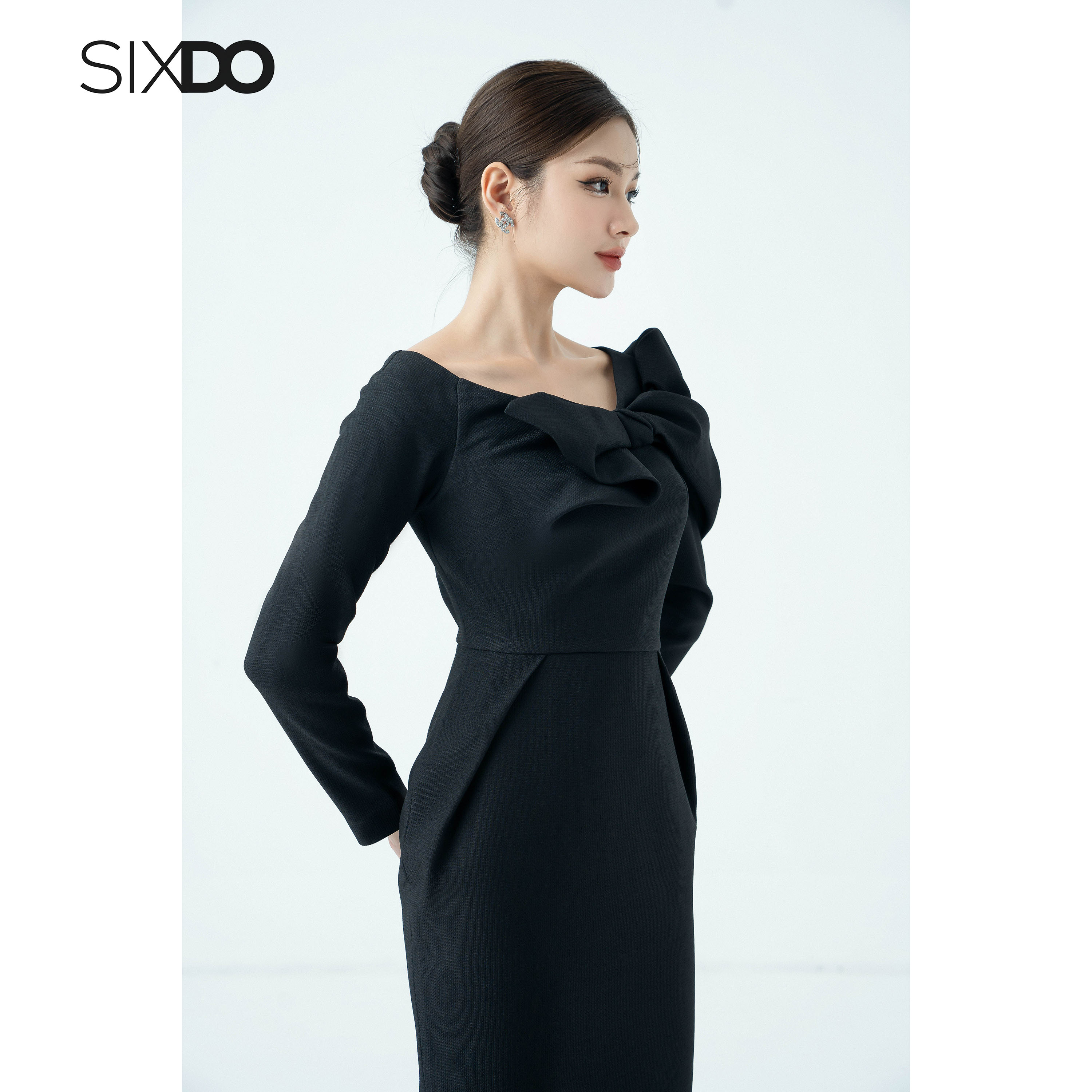 Đầm lệch vai cổ nơ thời trang SIXDO (Bowtie Midi Raw Dress)