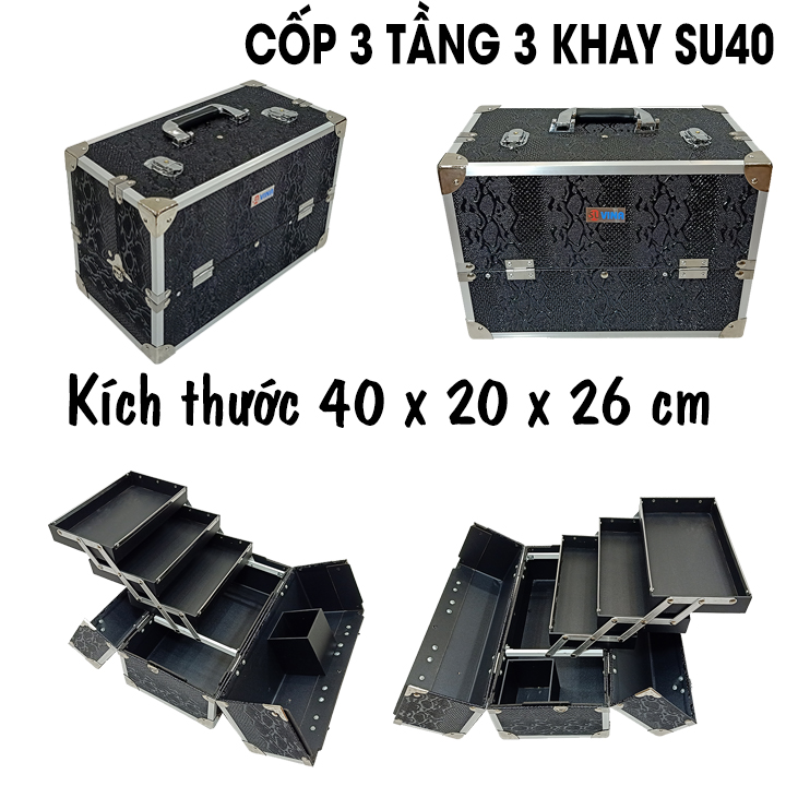 Cốp Đựng Đồ Makeup, Nail Chuyên Nghiệp Su40 có 3 Tầng 3 khay, Có Quai Xách, Dây Đeo Tiện Dụng, Khóa Bảo Đảm