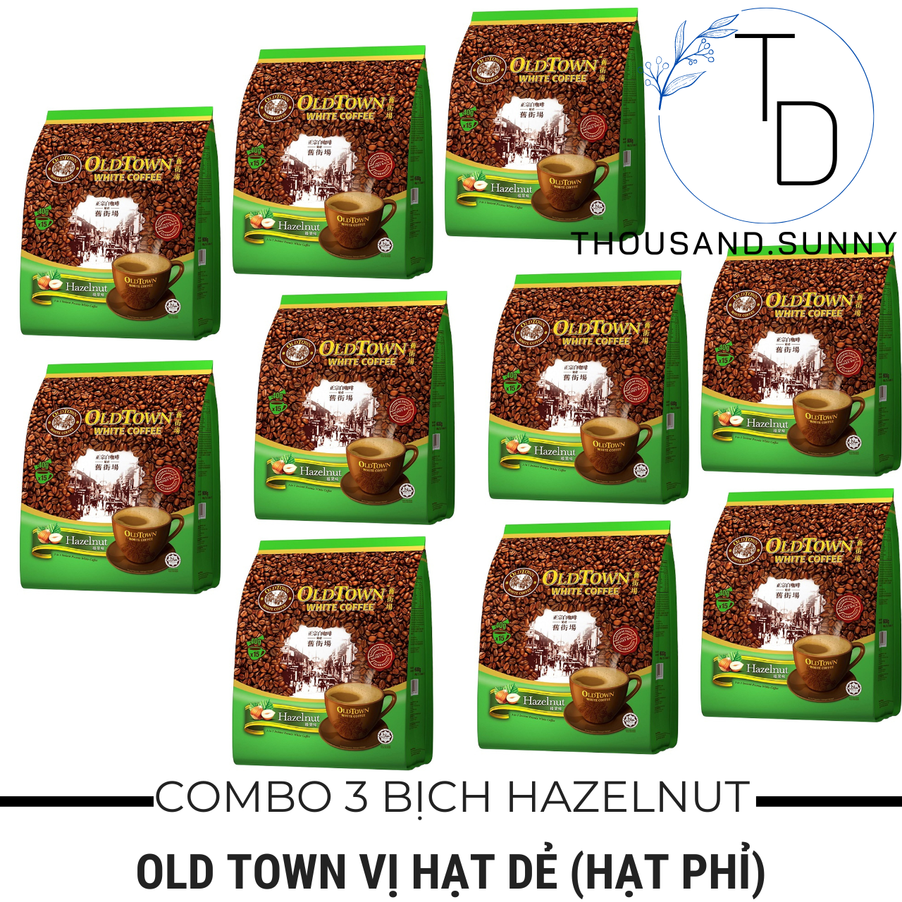 (DATE 2024) COMBO 10 Bịch Cà Phê OLD TOWN White Coffe Hazelnut Malaysia
