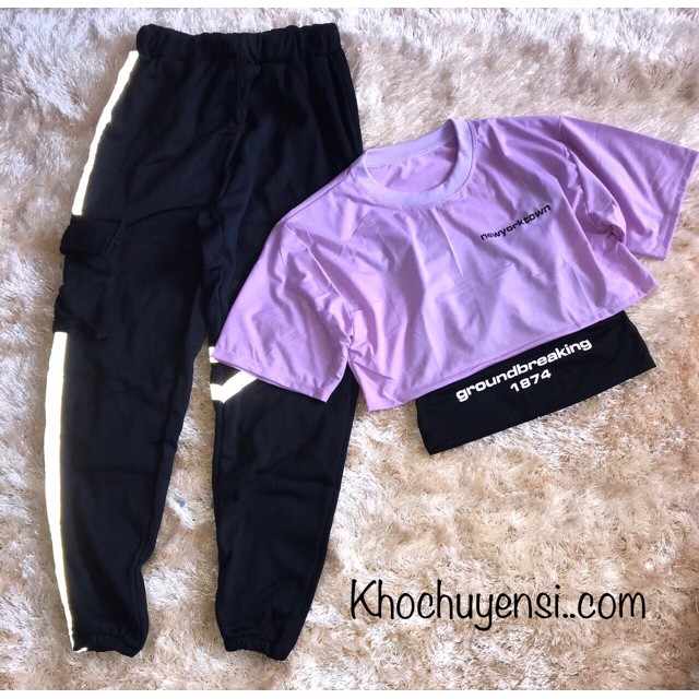 ☀️Set Quần Nỉ Phản Quang + Áo Croptop ( Kèm Lót)