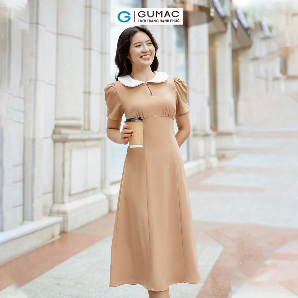 Đầm nữ phối bâu tròn thời trang GUMAC DD06057