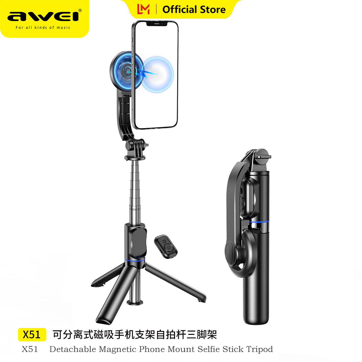 Awei Bluetooth Selfie Stick Tripod Phone Holder Stabilizer 1015mm Extended 10M Pan-Tilt Anti-Shaking Camera Stabilizer Reinforced Three-Leg Ultra-Stable Live Self-Timer Automatic Balance Selfie Stick Tripod With Bluetooth Remote Shutter Universal