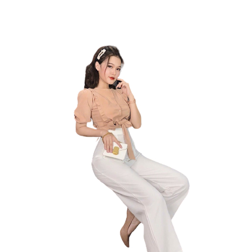 Jumpsuit nữ áo bo thắt nơ eo diềm bèo thời trang mới phong cách hàn quốc j66