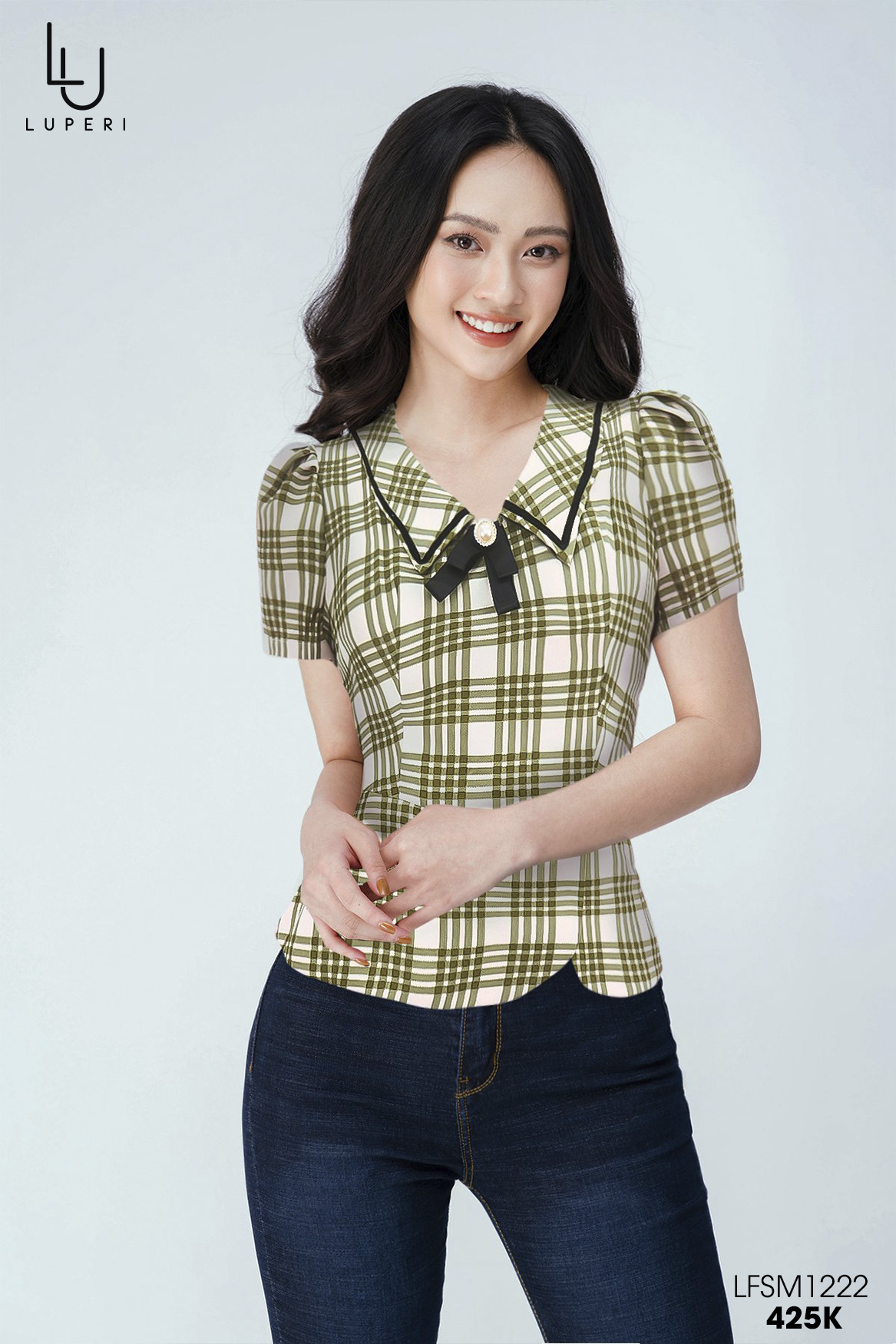 Áo sơ mi nữ luperi lfsm1222 dáng peplum phối cổ nơ xinh xắn