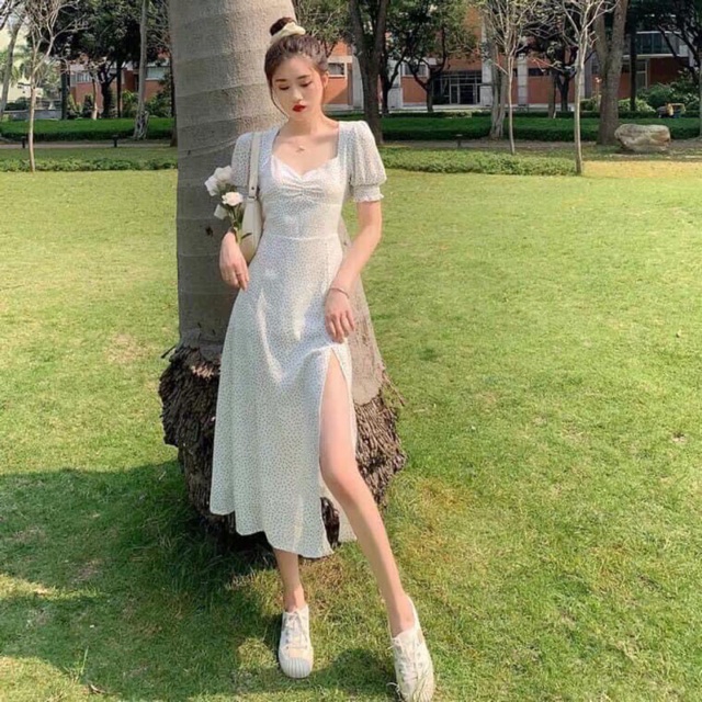 Đầm chấm bi nhún ngực ms18