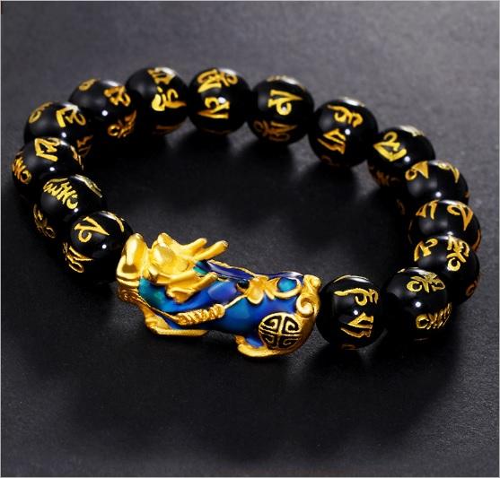 [HCM]Vòng Tay Chuỗi Hạt Đá Khắc Chữ Kinh Phật Mix Tỳ Hưu Đổi Màu Mạ Vàng 24k Cao Cấp XS99