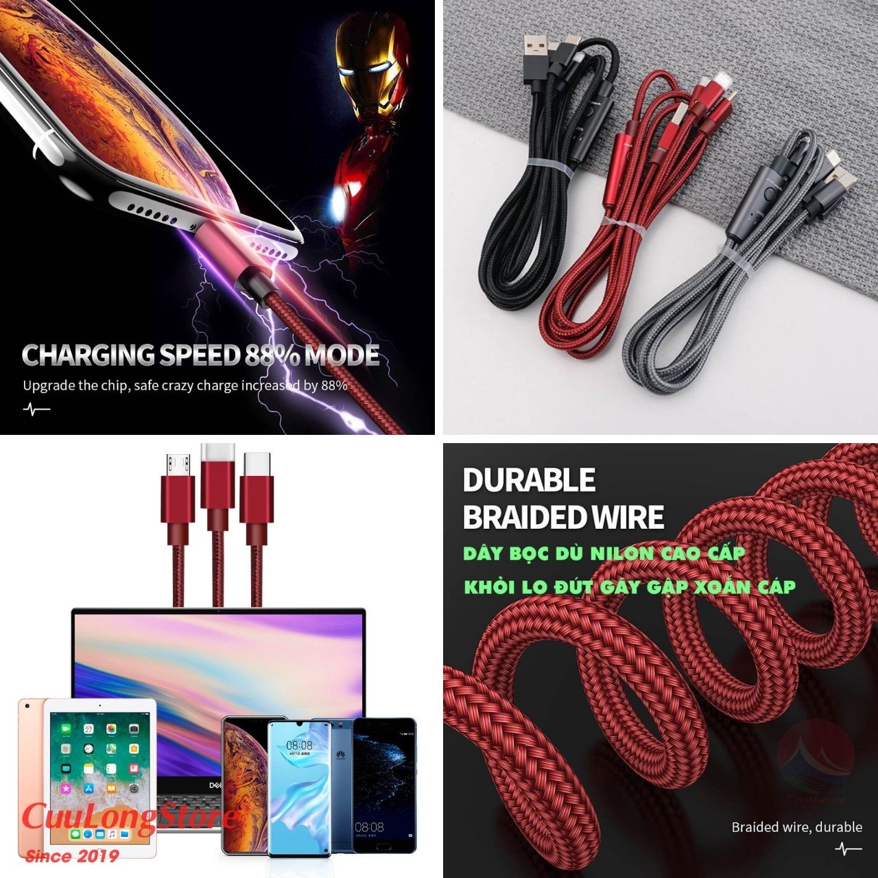 Cáp Sạc Tự Ngắt Hẹn Giờ Thông Minh 3H, 3 Đầu Đa Năng Lightning Type C Micro USB Chống Chai Pin, dây sạc tự ngắt an toàn sạc ban đêm