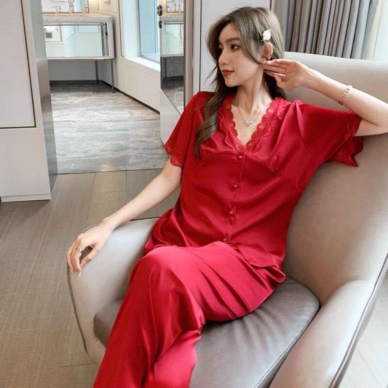 Bộ ngủ lụa quần dài áo cộc Lamy Nacy, bộ pijama lụa cao cấp