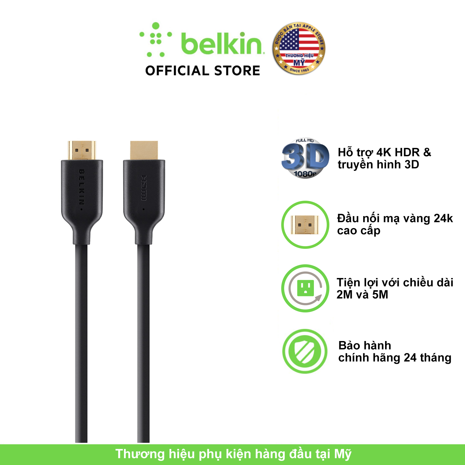 Cáp HDMI đầu mạ vàng 24K cao cấp siêu bền Belkin 5m, chuẩn 4k 120Hz, TV 3D, full HD, âm thanh 7.1, truyền mạng Ethernet băng thông 10.2Gps, chống nhiễu tín hiệu, BH đổi mới trong 2 năm hãng phân phối chính thức - F3Y021bt5M
