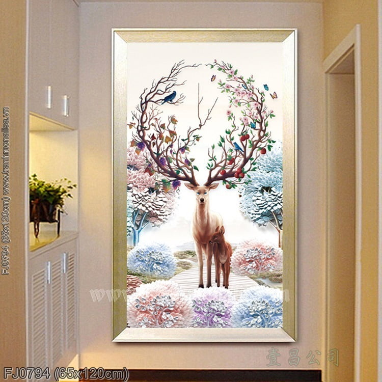 (FJ0794) Tranh thêu kín Lộc sinh sôi nảy nở Hươu nai phát tài kích thước 65x120 cm