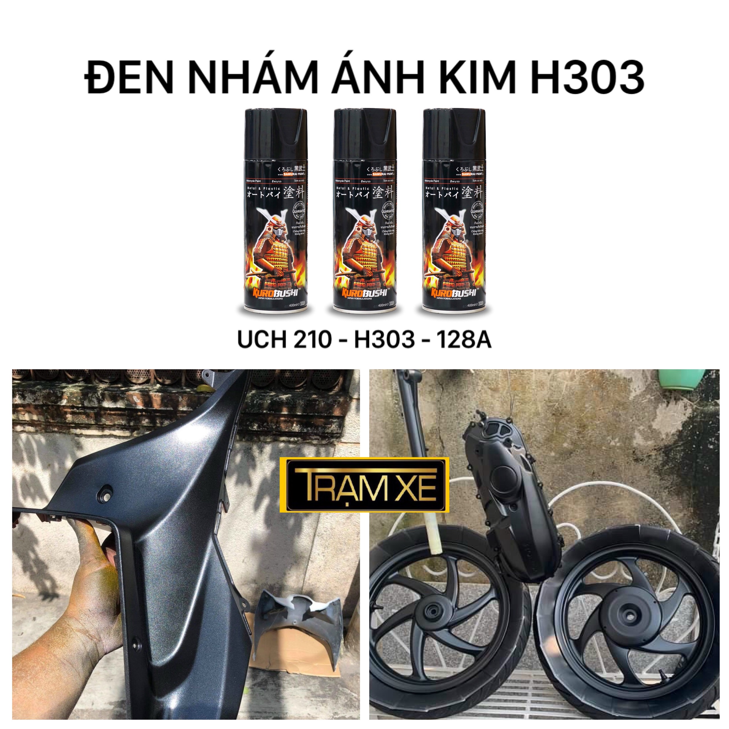 COMBO Sơn xịt Samurai màu đen nhám lấp lánh H303 (có ánh kim) gồm 3 chai đủ quy trình bền đẹp, vòi phun chống chảy tiện lợi dễ sử dụng