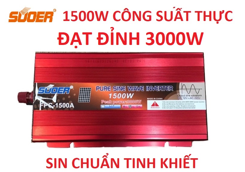 Bộ đổi điện sin chuẩn 1500w 24V sang 220v Suoer - FPC-1500B Suoer đúng công suất