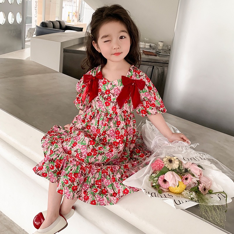 Váy bé gái hoa đỏ đuôi cá đính nơ chất thô mềm mát XHN1216