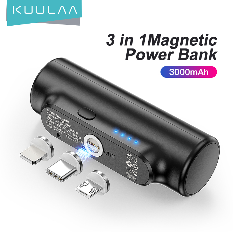 KUULAA 3 trong 1 Pin dự phòng từ tính 3000mAh Sạc nhanh Siêu nhỏ Không có cáp Thuận tiện hơn Đèn LED chỉ báo Đèn pin bên ngoài cho điện thoại di động iPhone Huawei Samsung