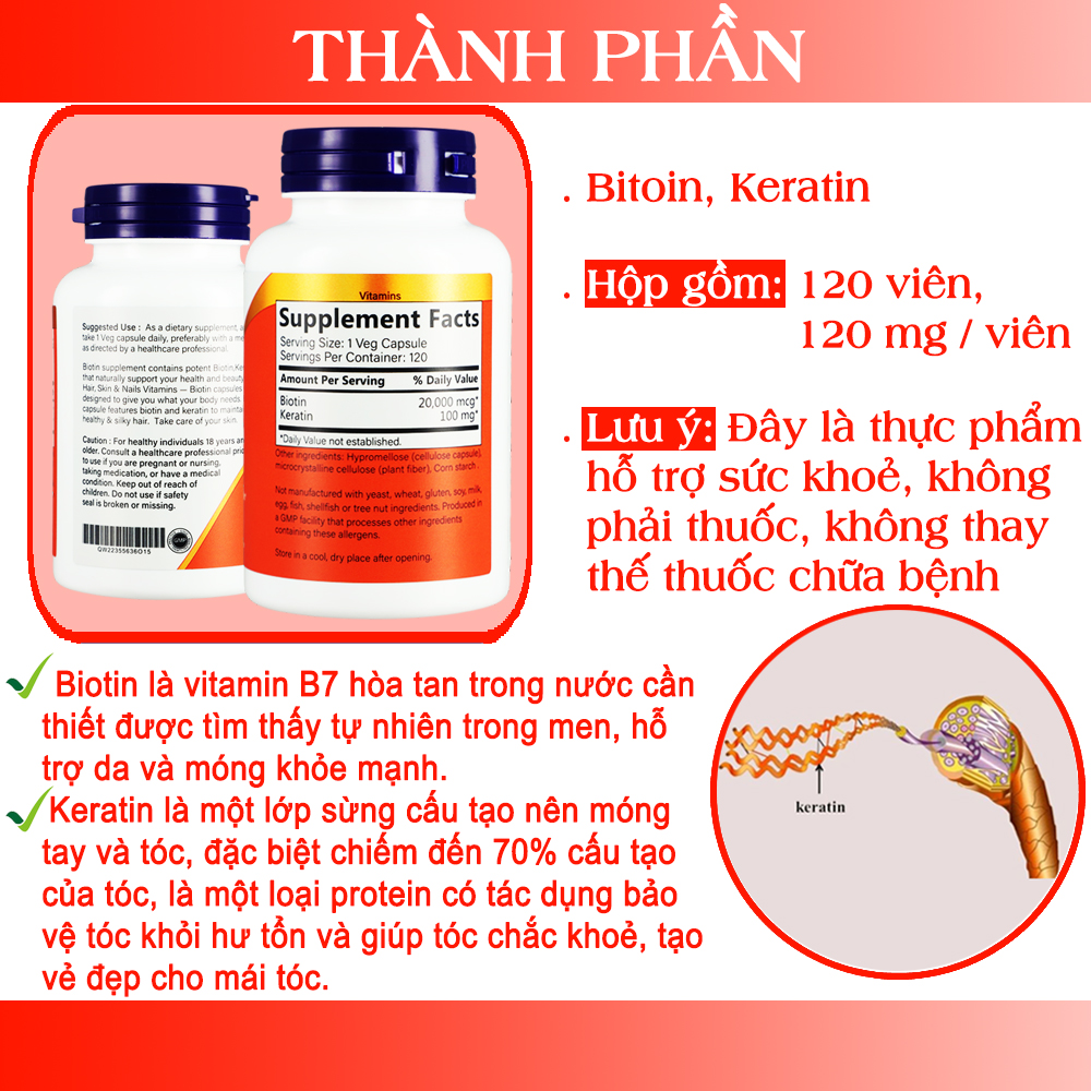 Viên uống Biotin 20.000 mcg với Keratin 100 mg làm khỏe da tóc móng 120 viên