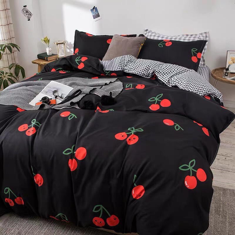 Trọn Bộ Chăn Ga và 2 Vỏ Gối Cotton Poly Nhập Mẫu CHERRI ĐEN